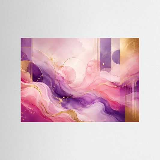 Abstraktes Wellen-Poster im Querformat mit Rosa- und Violetttönen und goldenen Akzenten
