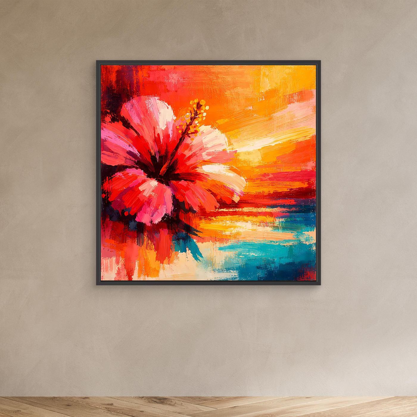 Leinwand Abstraktes Hibiskusblütenbild am Meer | Modernes Küsten Wandbild Bunt