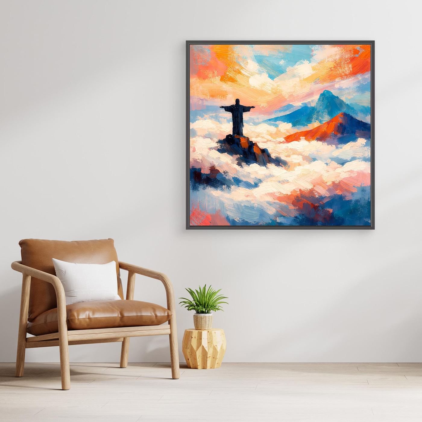 Leinwand-Wandbild mit Kreuz über Wolken und Bergmotiv, Rahmen sichtbar, abstrakte Farben