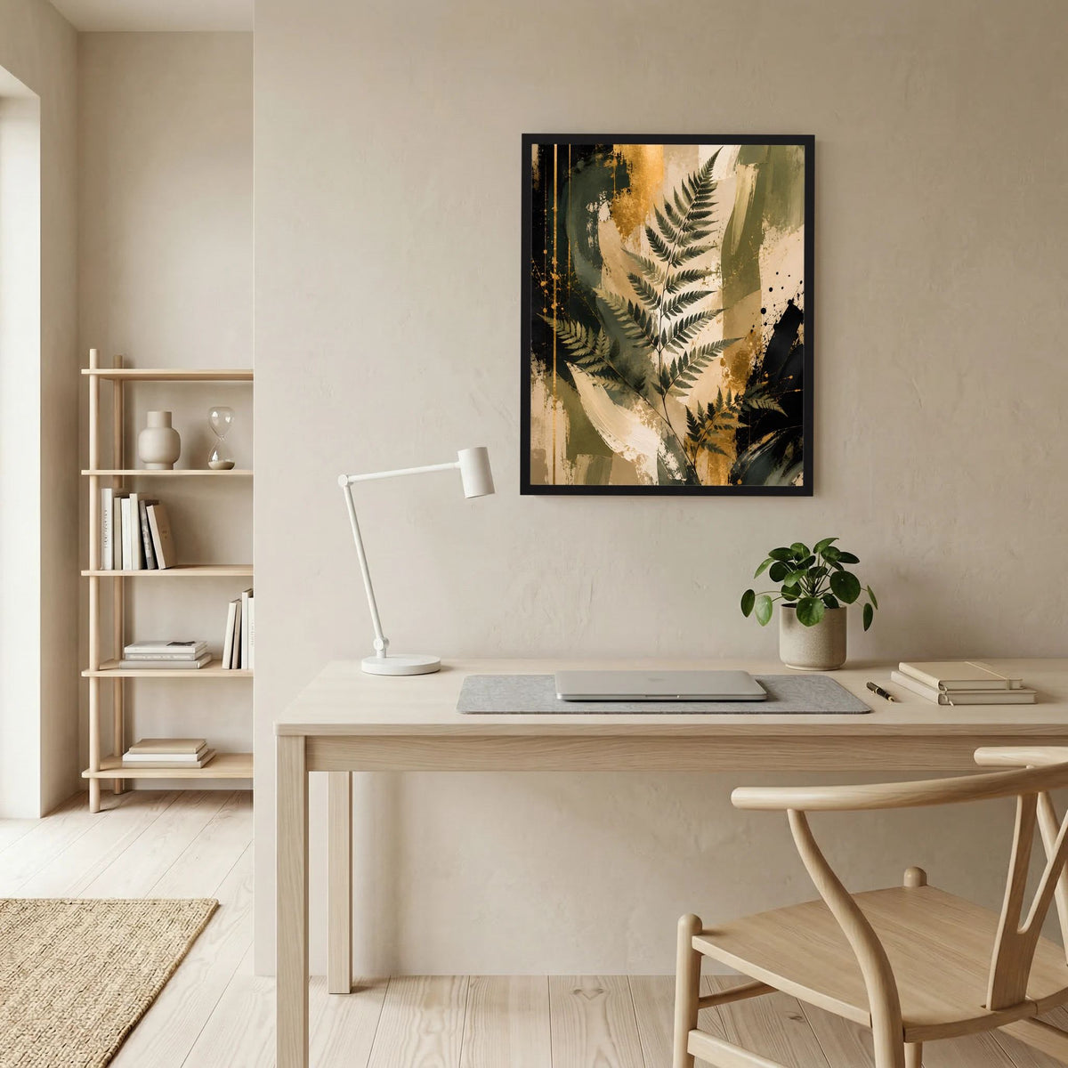 Gerahmtes Kunstposter mit Farnblättern in Grün und Gold, abstrakte Blattgrafik