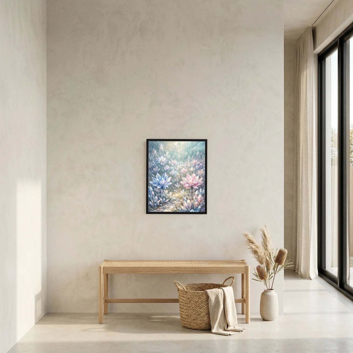 Gerahmtes Hochformat-Poster mit pastellfarbenen Kristallblüten in Blau und Rosa