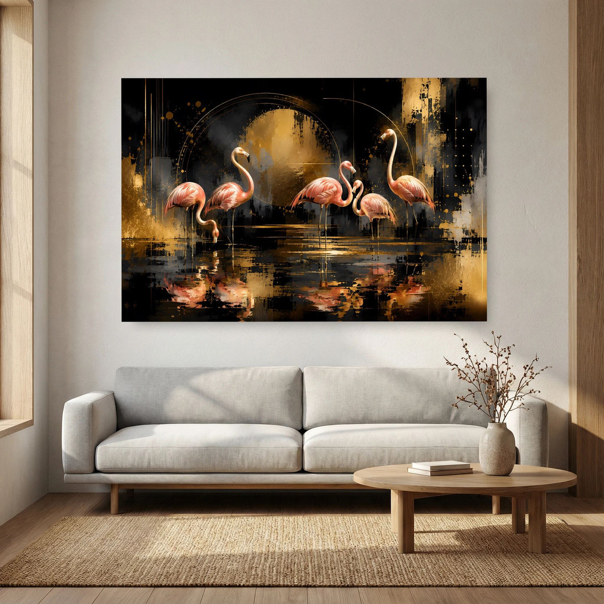 Querformat-Poster mit abstrakten Flamingos, rosa Körper und goldene Sprenkel-Optik