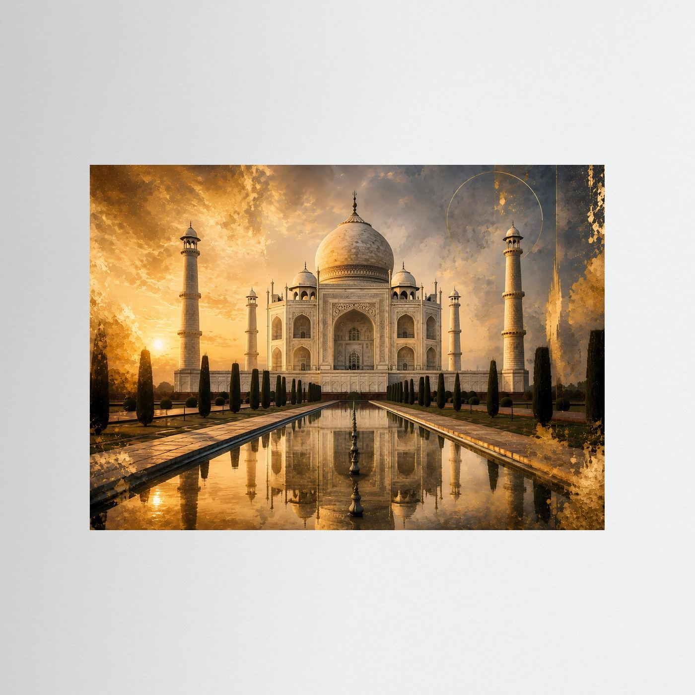 Poster mit Taj Mahal in goldenen Farben, Kuppel und Spiegelbecken, dunkler Rahmen