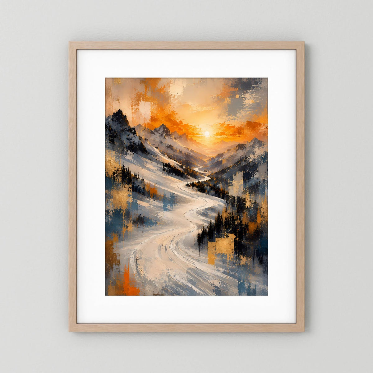 Hochformat-Poster mit weißem Passepartout und verschneiten Bergen, heller Holzrahmen