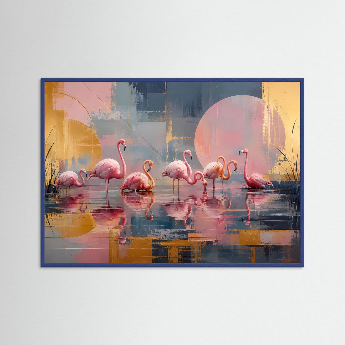 Wandposter mit Flamingos auf abstraktem See im blauen Rahmen, Pastellfarben und goldfarbene Akzente