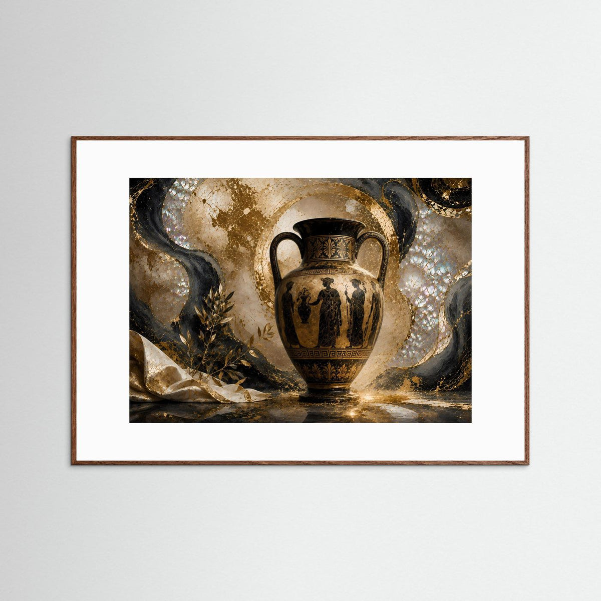 Gerahmter Wanddruck mit antiker gold-schwarzer Amphore im Kunststil, mit braunem Holzrahmen