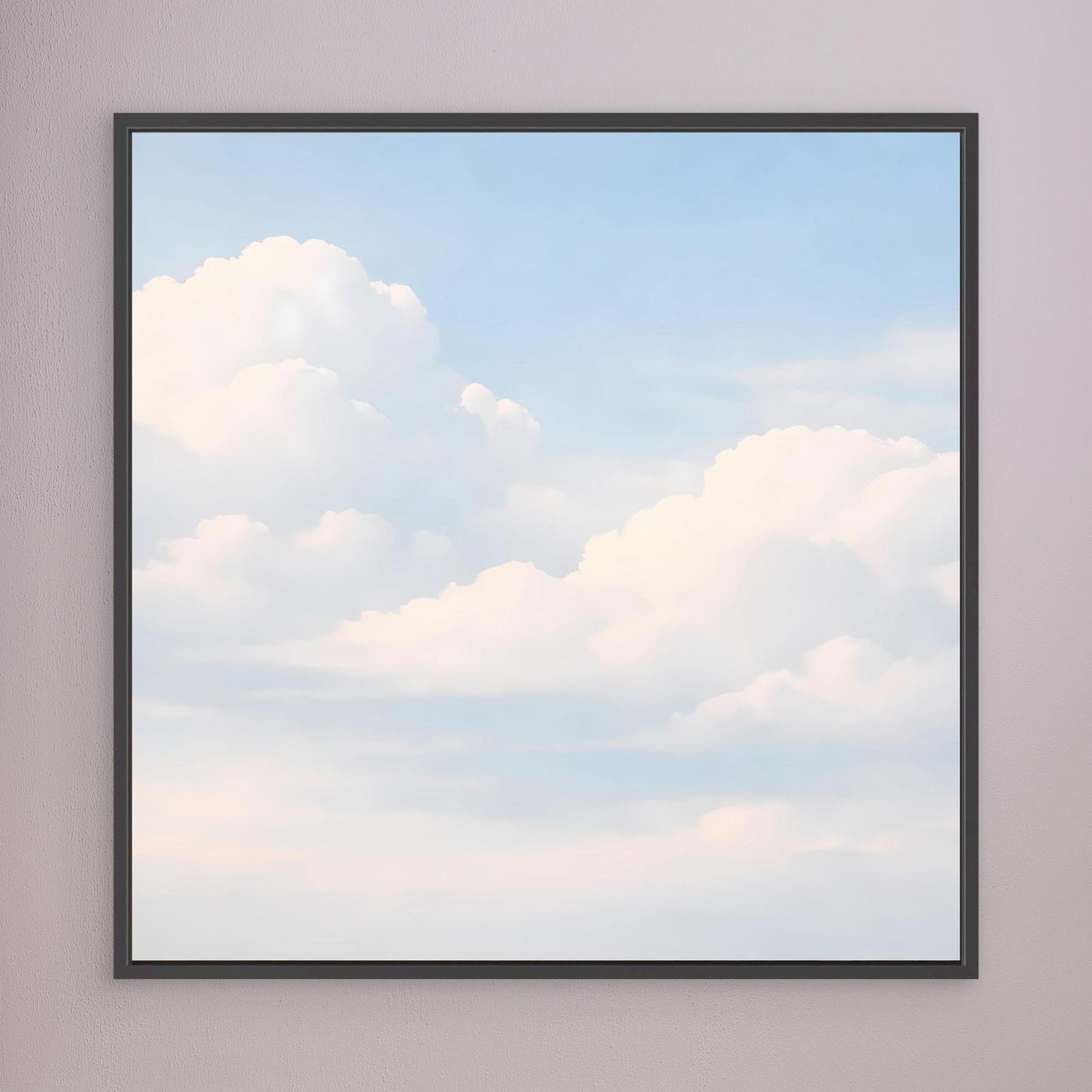 Quadratisches Leinwandbild mit Wolkenmotiv im pastelligen Himmel, schwarzer Rahmen