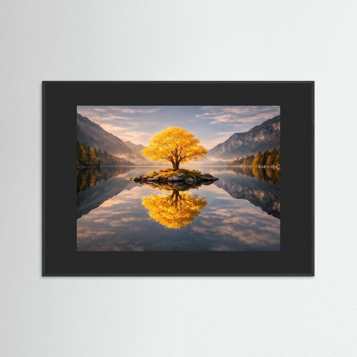 Wandbild mit goldener Baumkrone und See-Spiegelung, schwarzer Rahmen