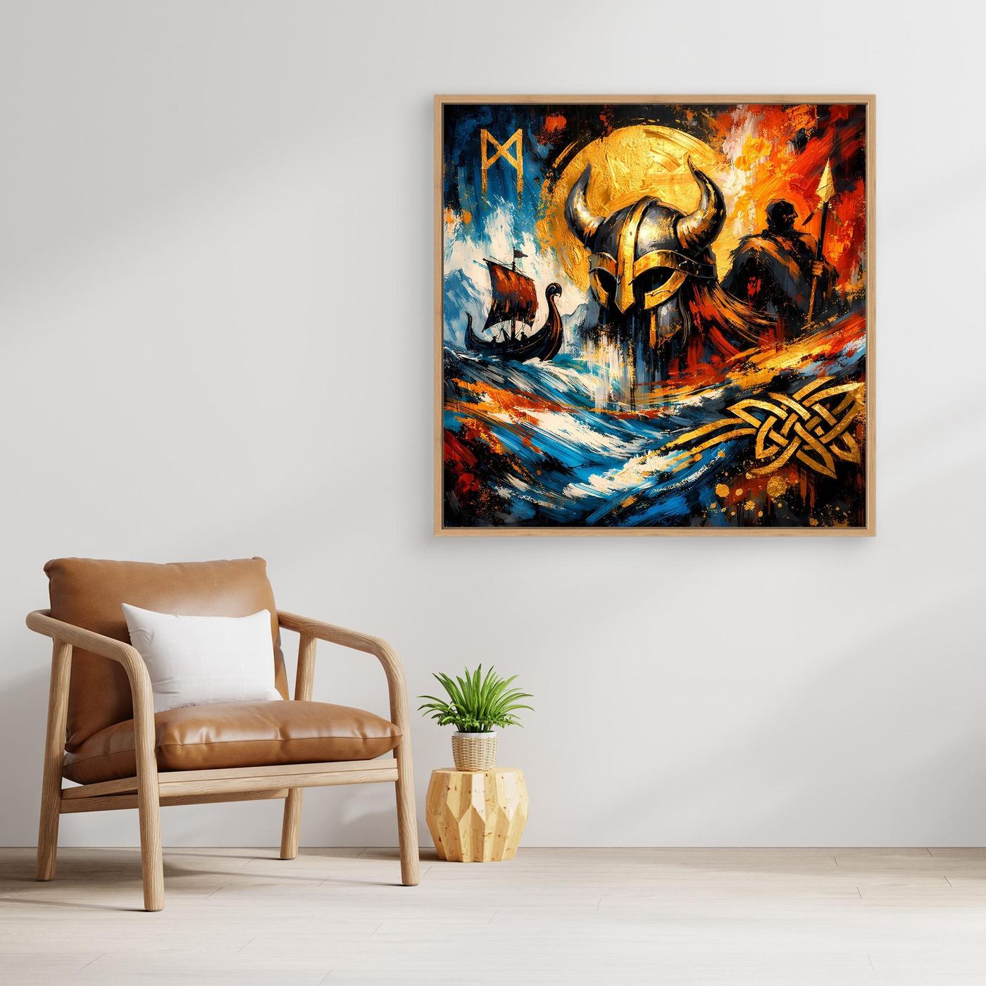 Gerahmtes Leinwandbild mit Wikingerhelm-Motiv, abstrakte Mythologie in Orange, Blau und Gelb