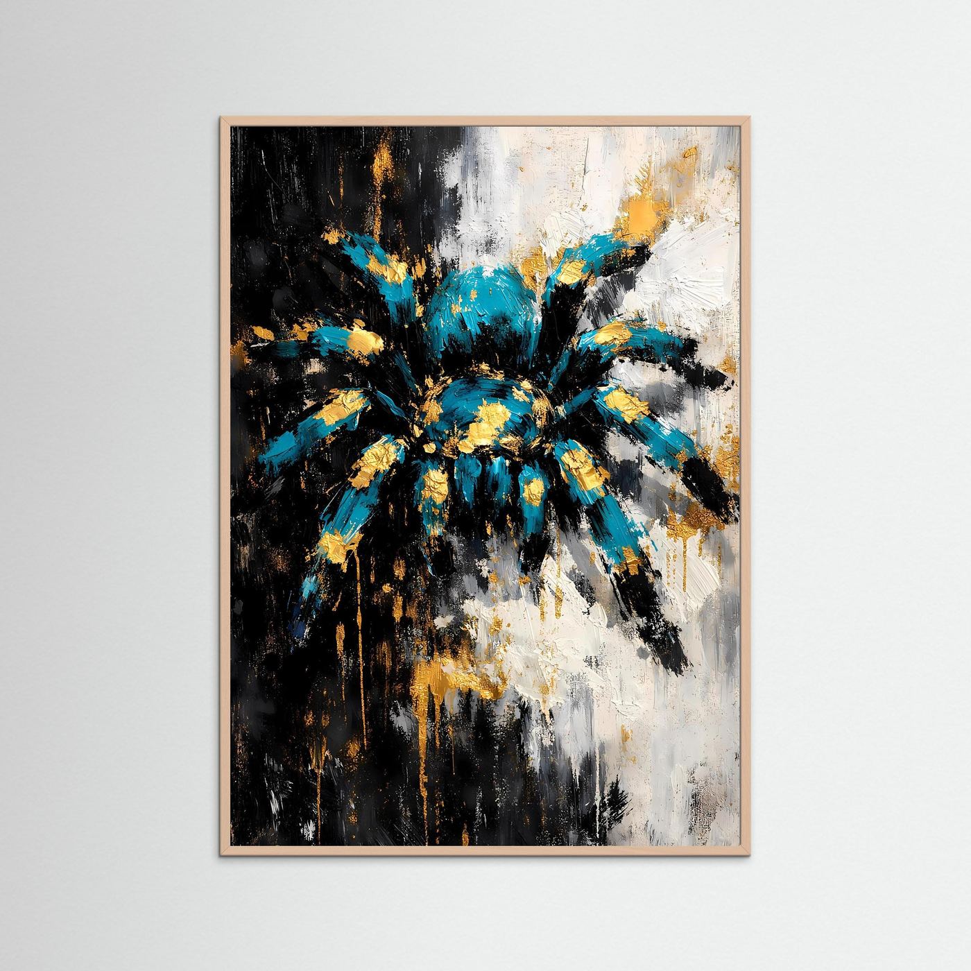 Abstraktes Spinnen-Kunstposter im Hochformat mit naturfarbenem Holzrahmen, türkis-gold