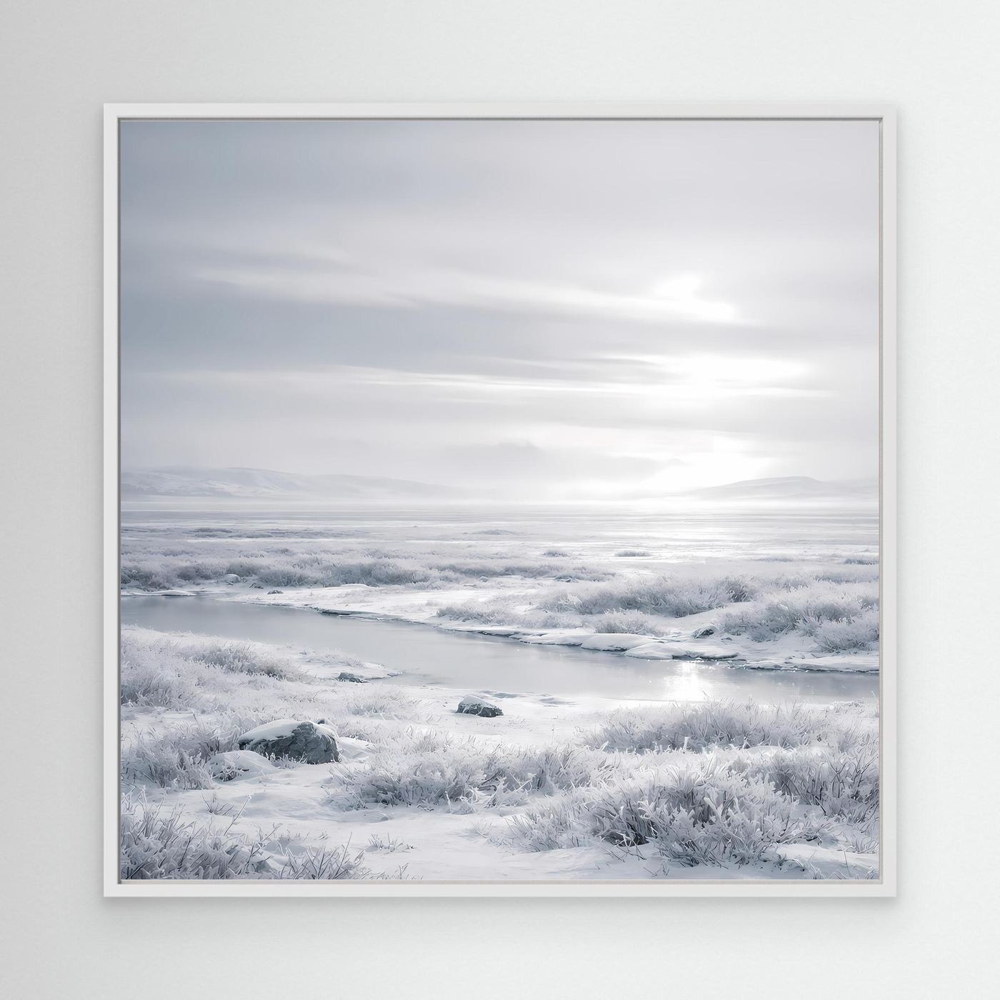 Leinwandbild mit verschneiter Winterlandschaft, weißer Einrahmung