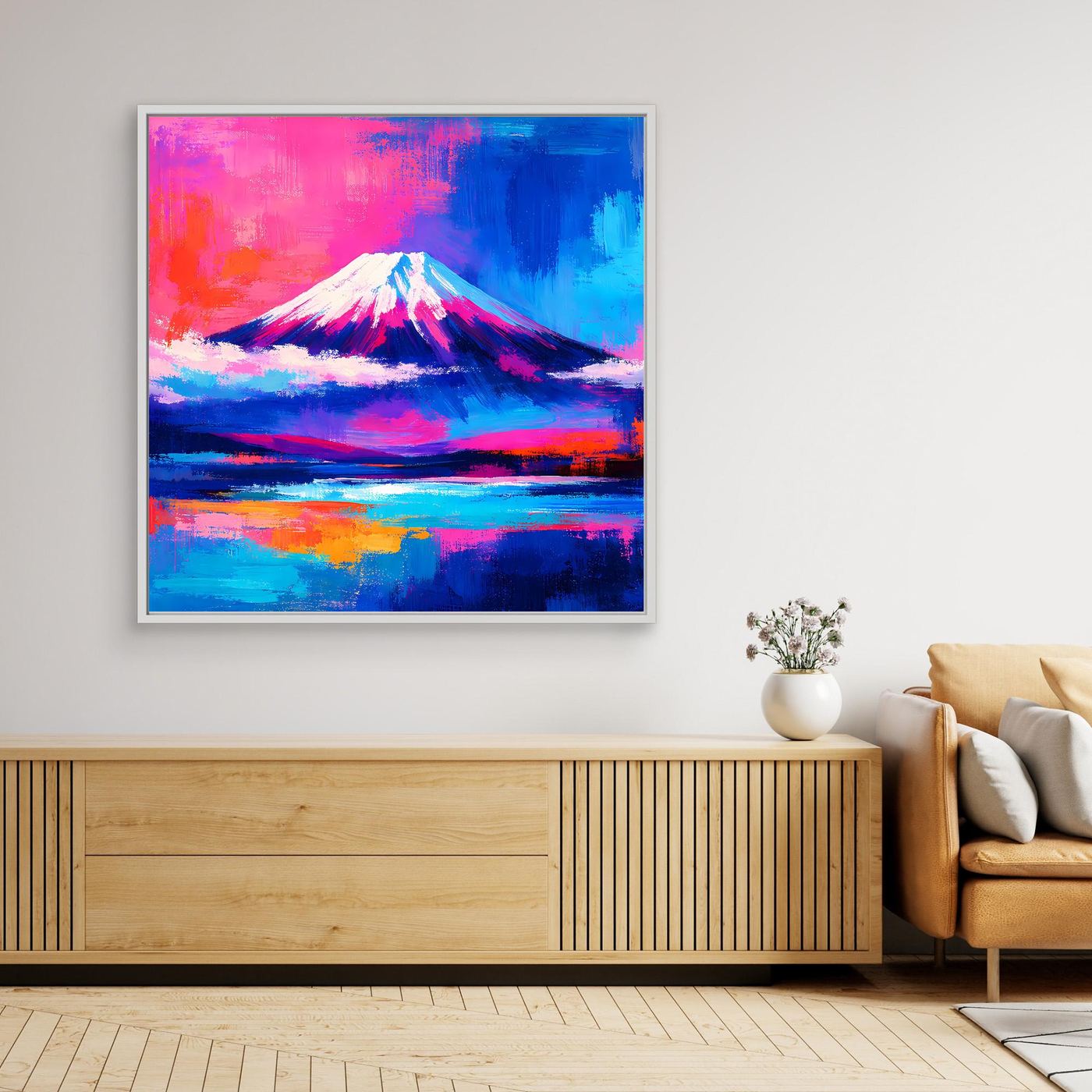 Leinwandbild Abstrakter Fuji bei Sonnenuntergang | Farbenfrohes Berg Wandbild auf echtem Holzkeilrahmen