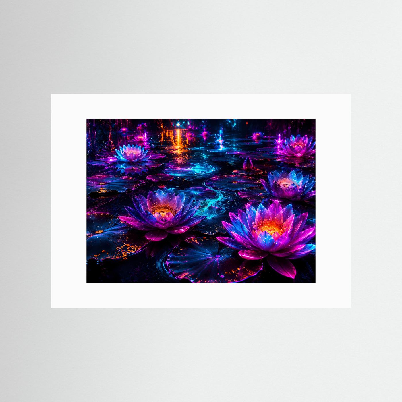 Lotusblüten Neon Poster Querformat | Leuchtende Seerosen Fantasy Wandkunst | Abstrakte Moderne Kunst