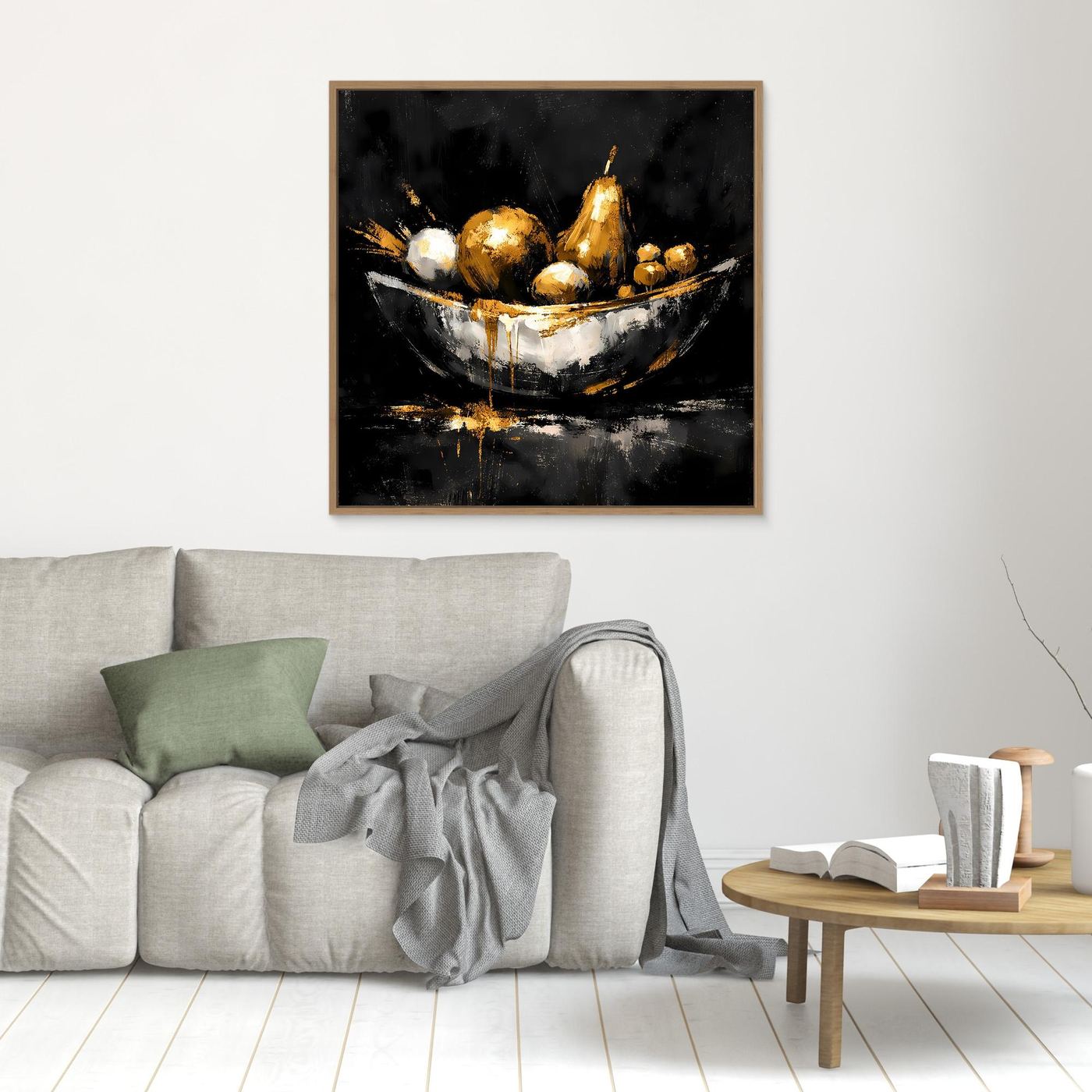Leinwand Elegante Obstschale in Gold und Silber | Modernes Luxus Stillleben Wandbild