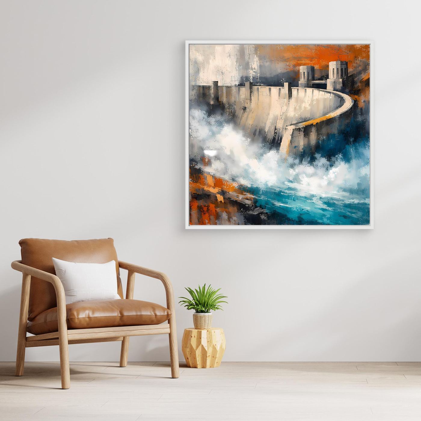 Gerahmtes abstraktes Leinwand-Wandbild mit Talsperre, blau-graue und orange Akzente, weiß