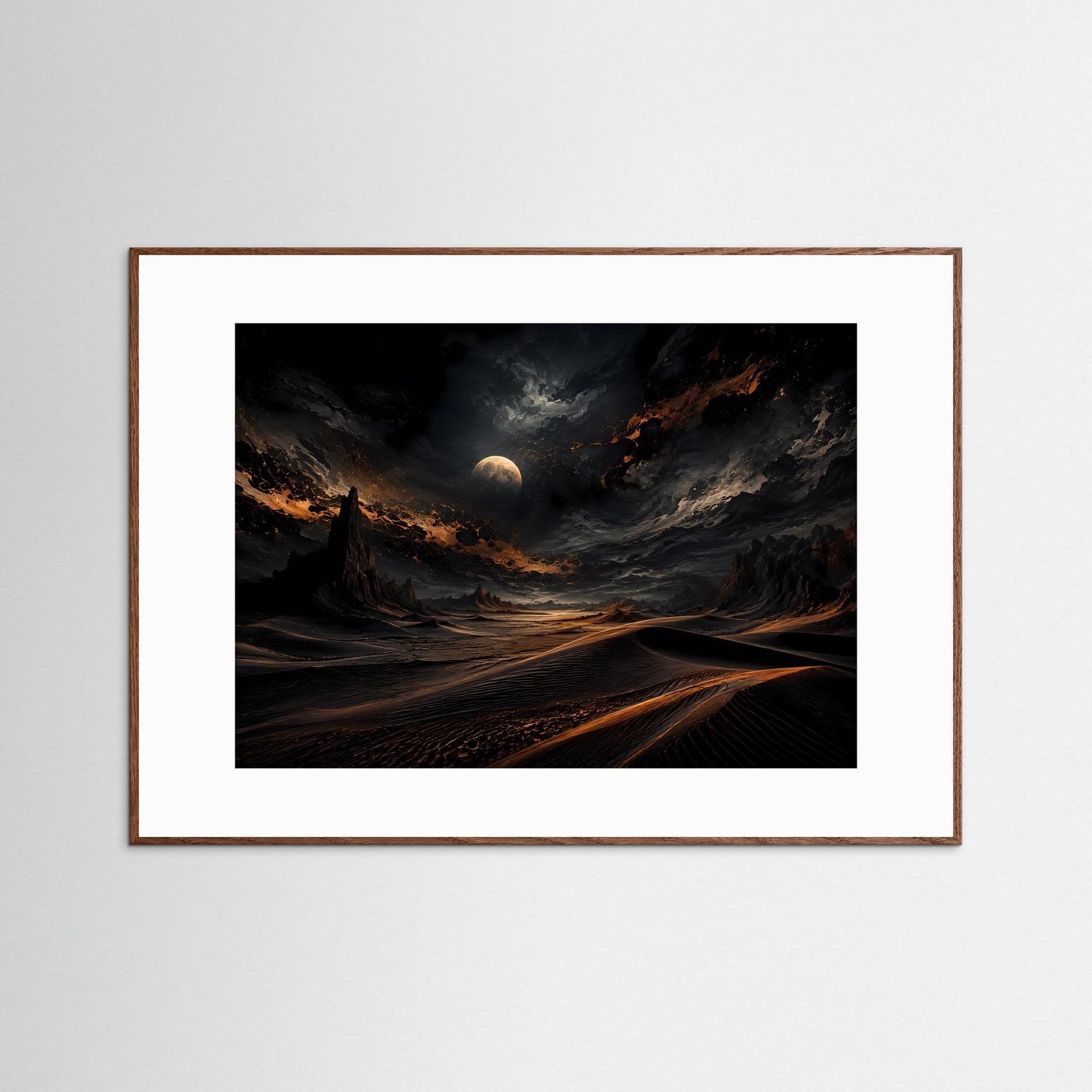 Mystische Wüste bei Nacht | Mondlandschaft Wandbild | Dunkle Dünen mit Gold Licht | Abstrakte Wüstenkunst | Premium Leinwand Poster