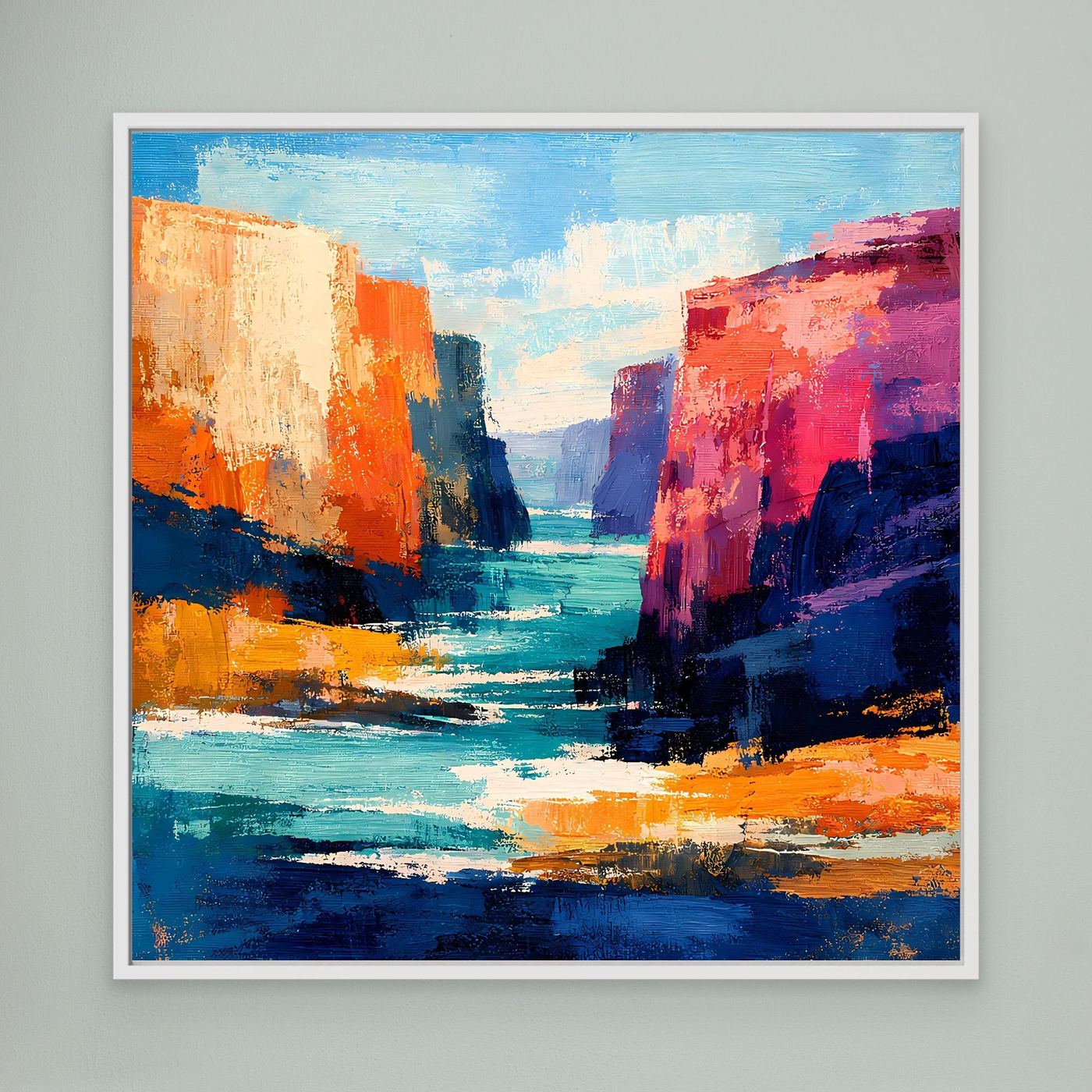 Wandbild mit abstrakten Canyon-Felsen am Fluss, blau-orange Farben, weißer Rahmen