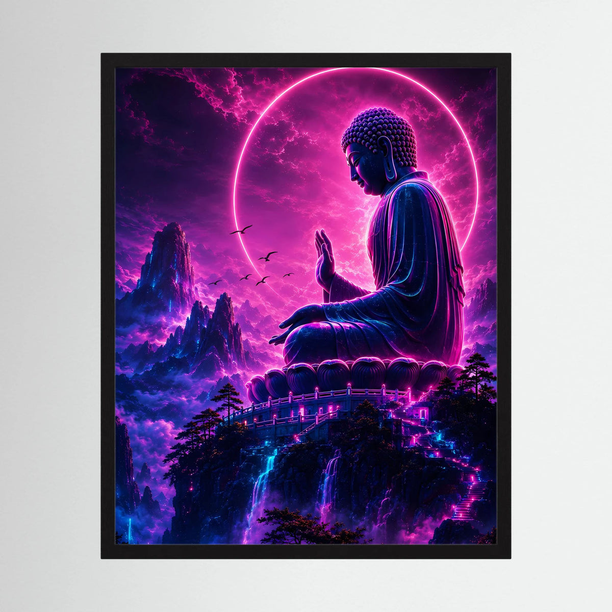 Neon-Buddha-Poster im schwarzen Rahmen: violett-pinkes Licht, blauer Buddha und Leuchtkreis
