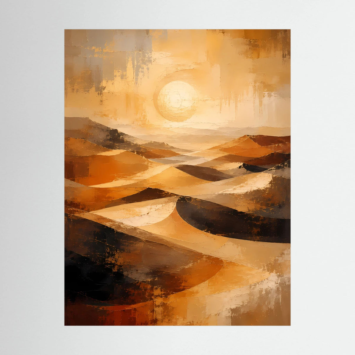Nahaufnahme: gerahmtes Hochformat-Poster mit abstrakter Wüste in Gold-Orange