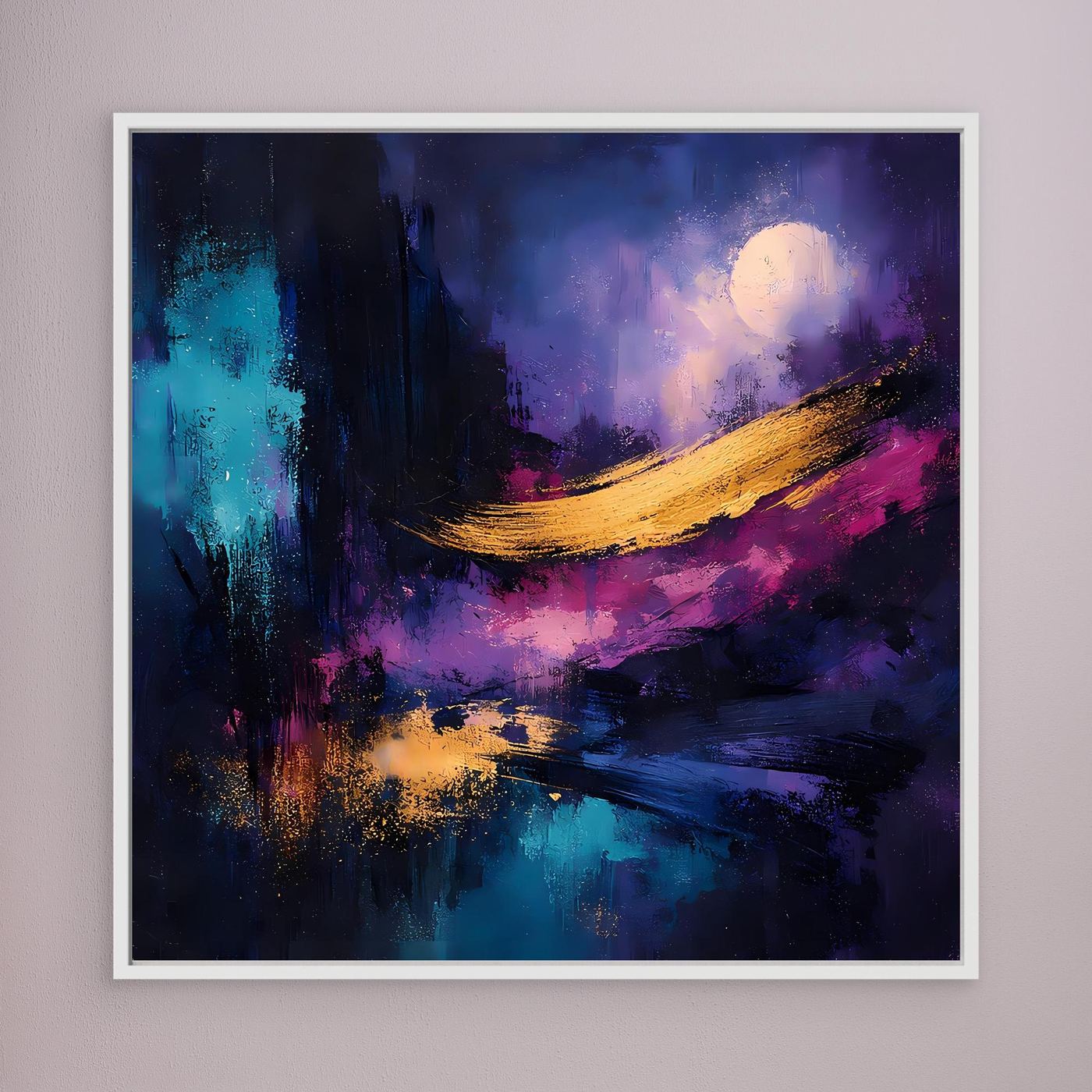 Abstraktes Leinwand-Wandbild mit weißem Rahmen, Vollmond über Bucht mit goldener Pinselspur.