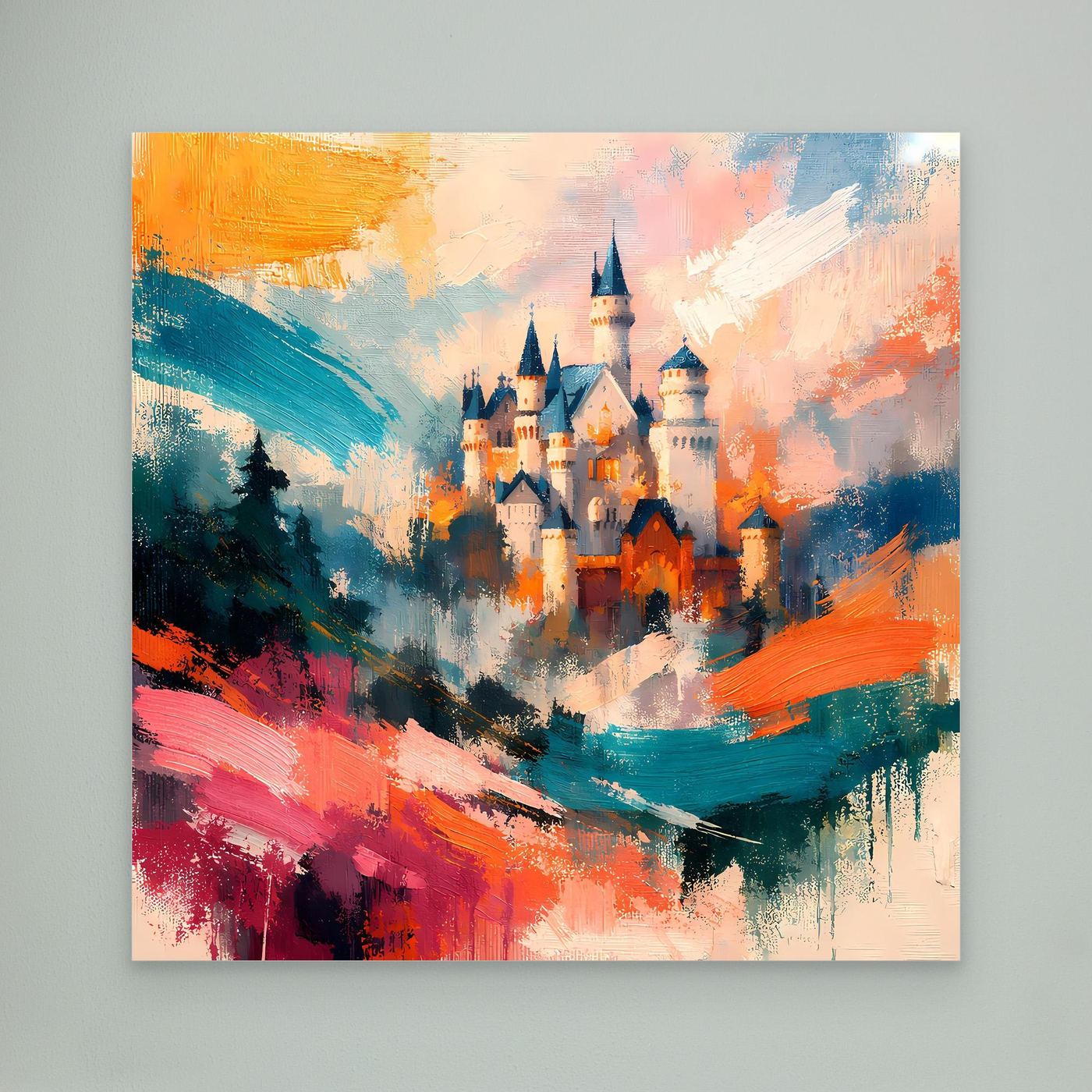 Premium Leinwand Märchenhaftes Schloss in abstrakten Farben | Modernes Castle Wandbild
