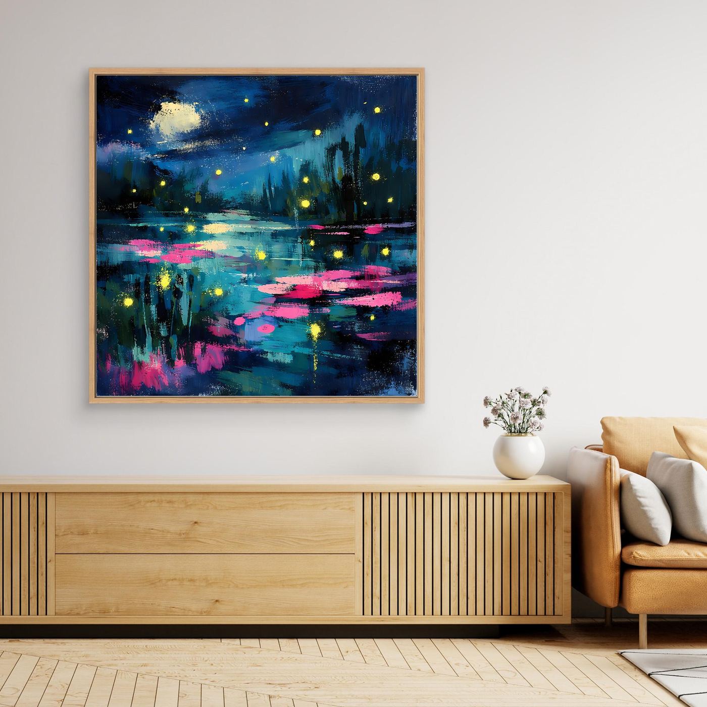 Framed abstract moonlit lake wall art with glowing fireflies and pink water reflections