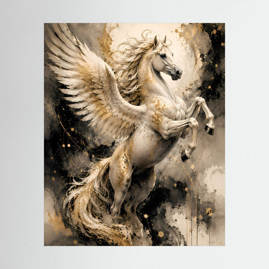 Hochformatiges Poster mit weißem geflügeltem Pegasus im Gold- und Spritz-Look