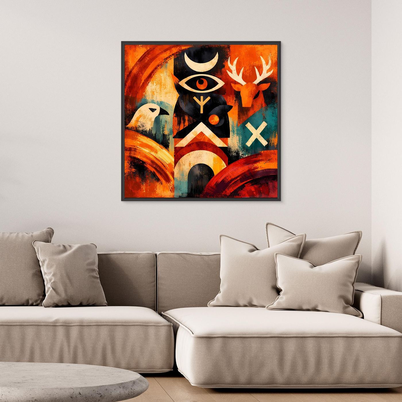 Leinwandbild mit abstraktem Totem-Motiv und Runen, rote und türkisfarbene Akzente, weiß gerahmt