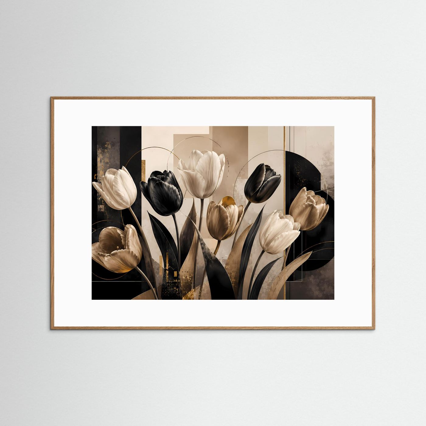Abstraktes Tulpenposter im Querformat, schwarz-creme mit Goldakzenten, brauner Holzrahmen
