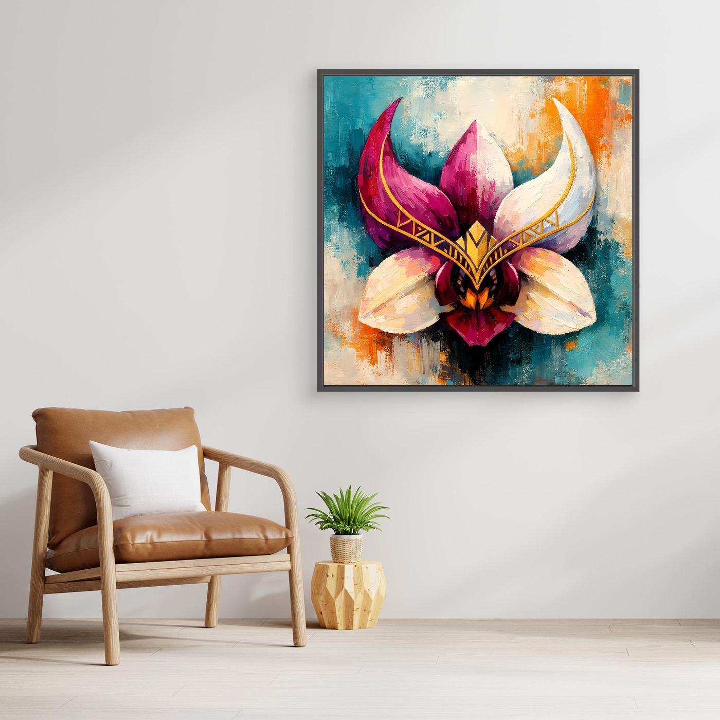 Premium Leinwand Mystische Orchideen-Maske in Gold | Abstraktes Florales Wandbild im Fantasy-Stil