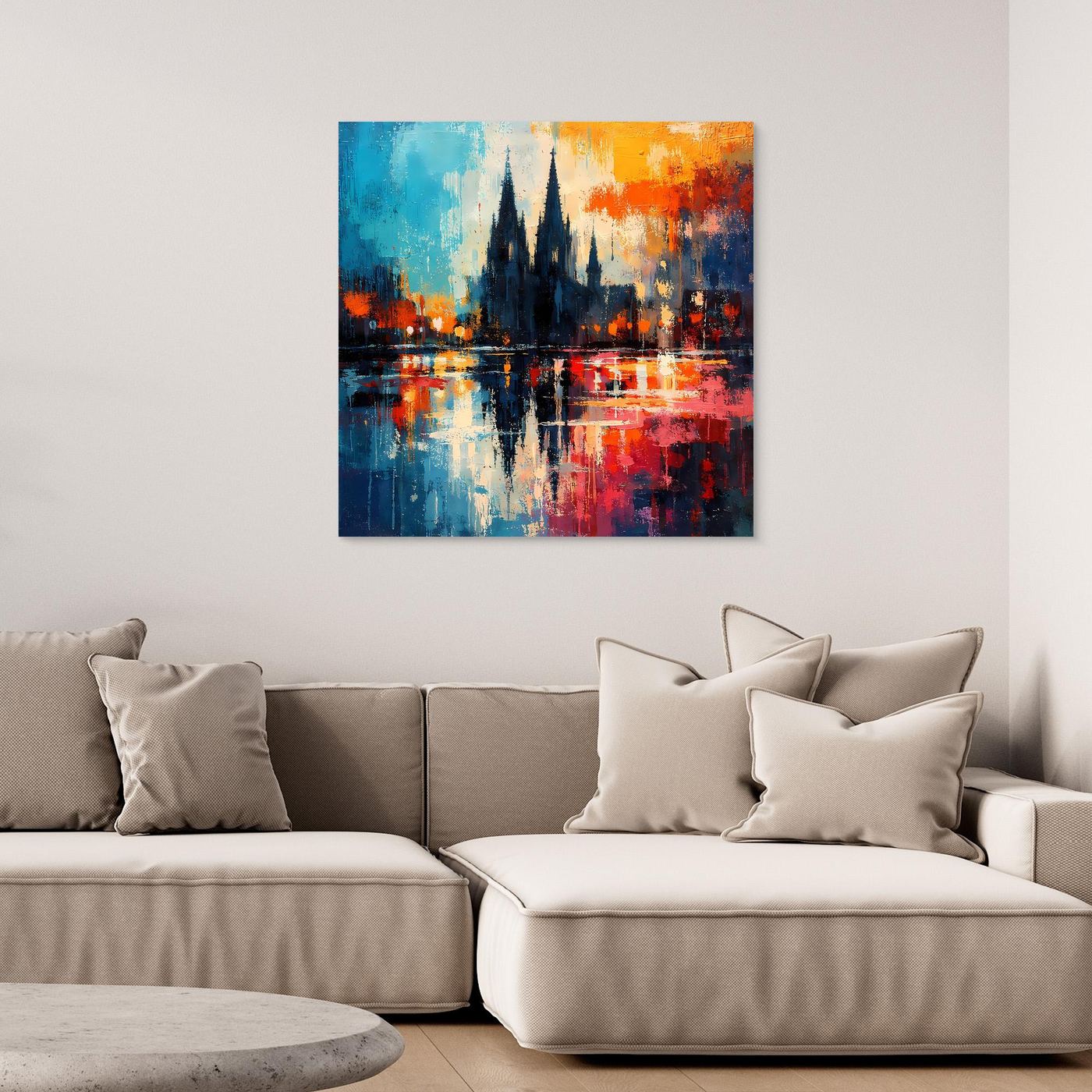 Abstraktes Leinwand-Wandbild mit Dom-Silhouette und Spiegelung, ohne sichtbaren Rahmen