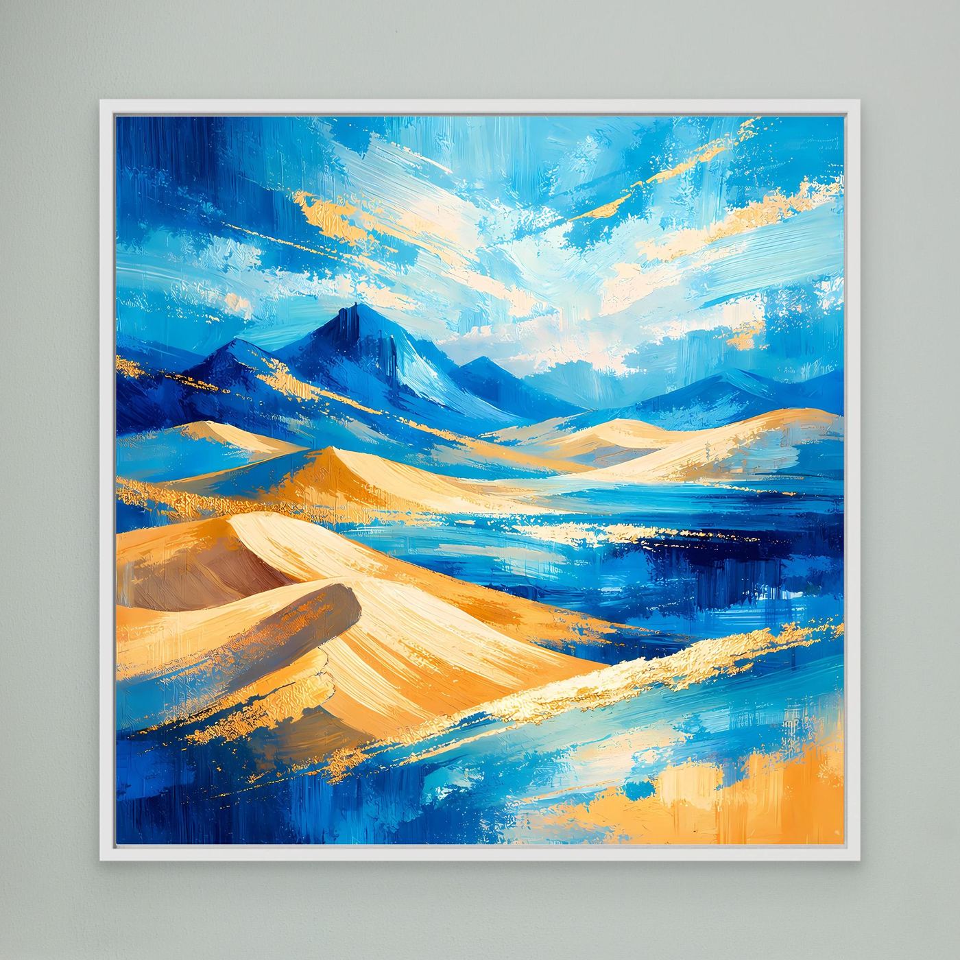 Leinwandbild mit abstrakter Berglandschaft, blau-goldgelbe Pinselstruktur, weißer Rahmen