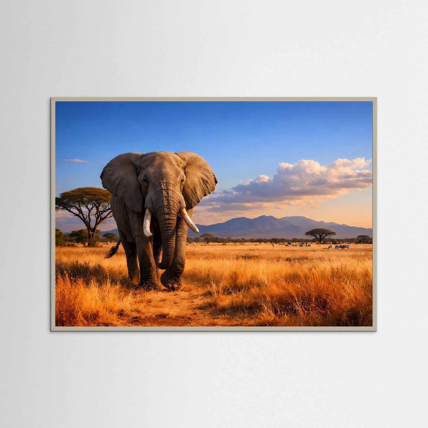 Poster im Querformat mit blauem Rahmen: brauner Elefant in der Savanne