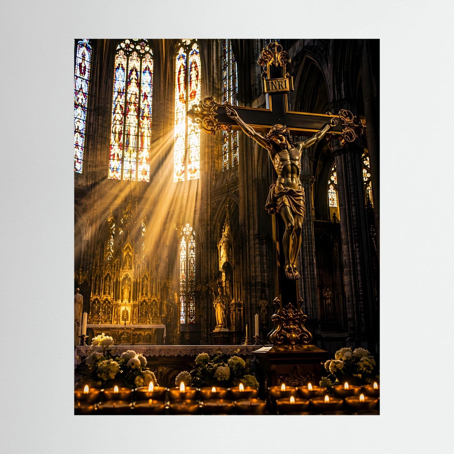 Hochformat-Poster mit Kruzifix in gotischer Kirche, Lichtstrahlen und Kerzen im unteren Bereich