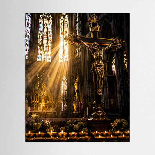 Hochformat-Poster mit Kruzifix in gotischer Kirche, Lichtstrahlen und Kerzen im unteren Bereich