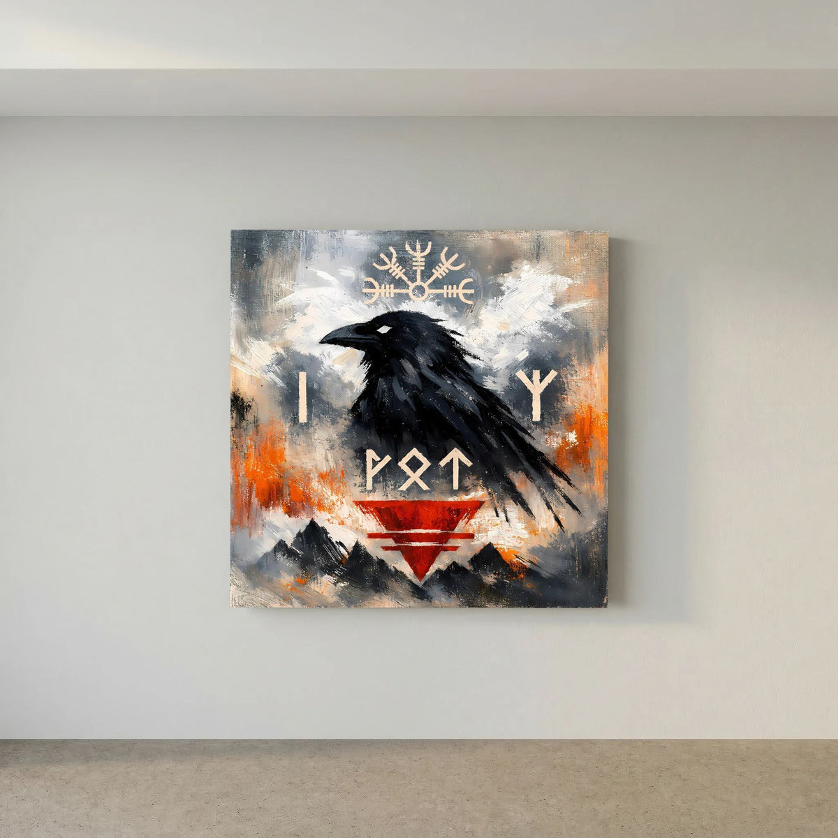 Wandbild mit schwarzem Raben und Runenzeichen, abstrakte Farbspritzer in Orange