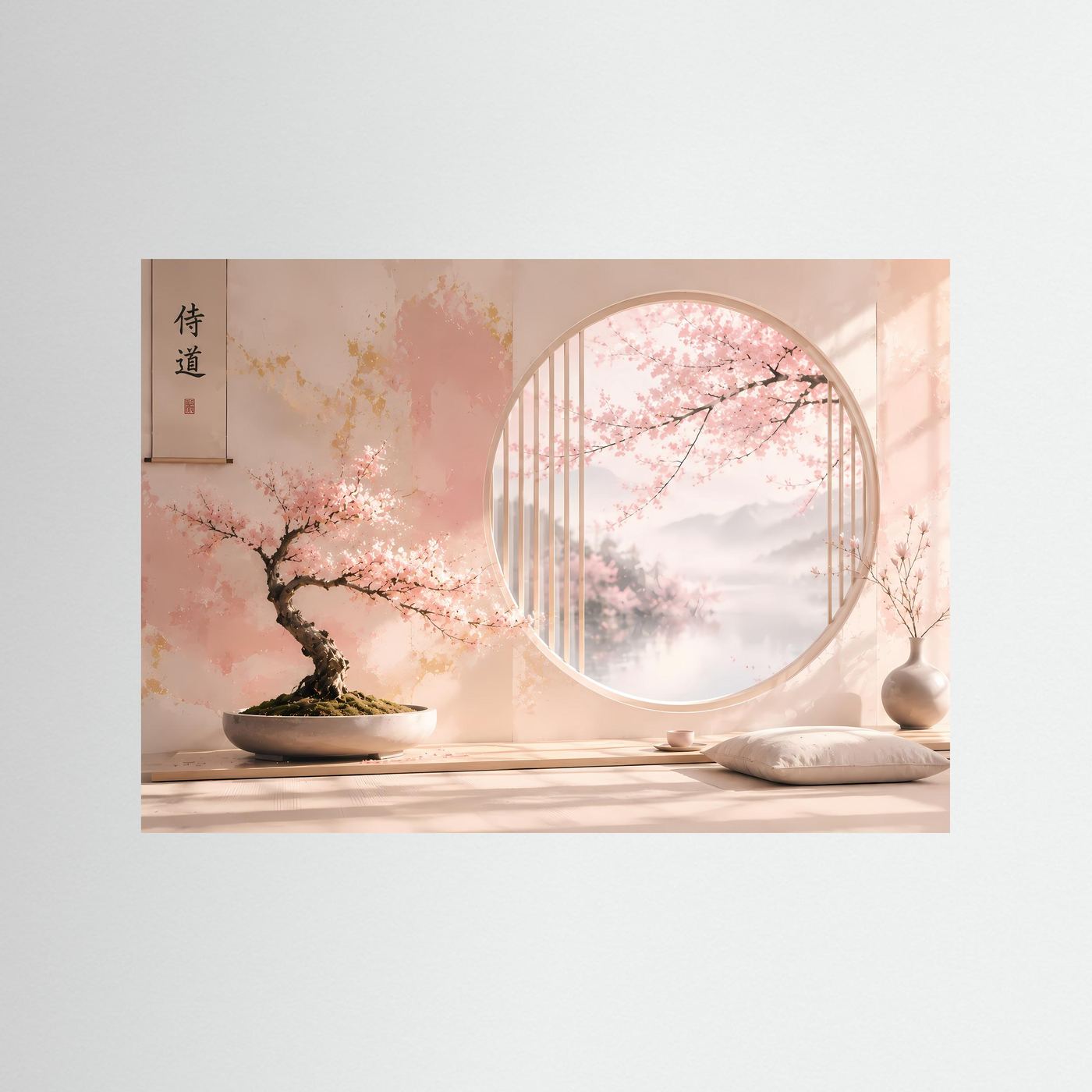 Japanischer Zen Garten mit Sakura Bonsai | Pastell Wandbild
