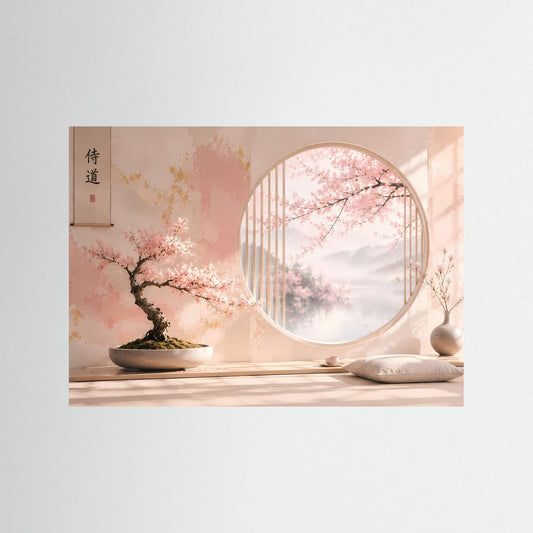Pastell-Wandbild mit Sakura-Bonsai, rundem Tor und Zen-Garten-Motiv