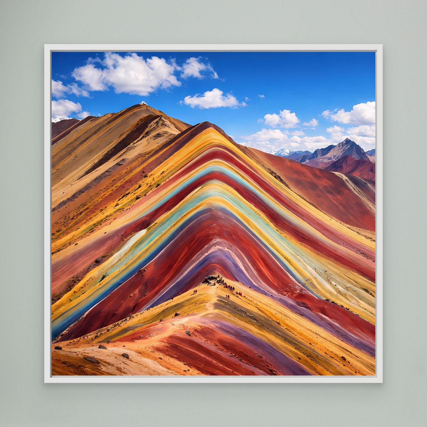 Leinwandbild mit weißem Rahmen, abstrakte Regenbogen-Gebirgslandschaft mit bunten Schichten