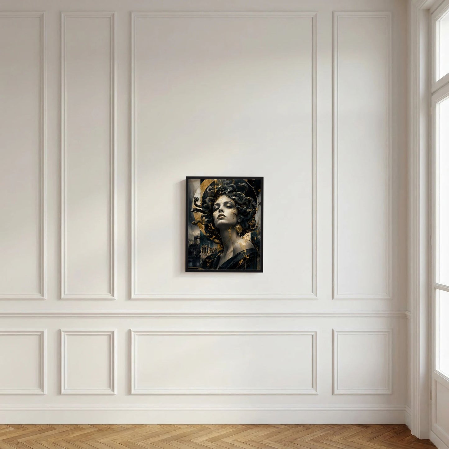 Medusa-Porträt-Poster im Rahmen: Frau mit schwarzen Schlangen und goldenen Sprenkeln