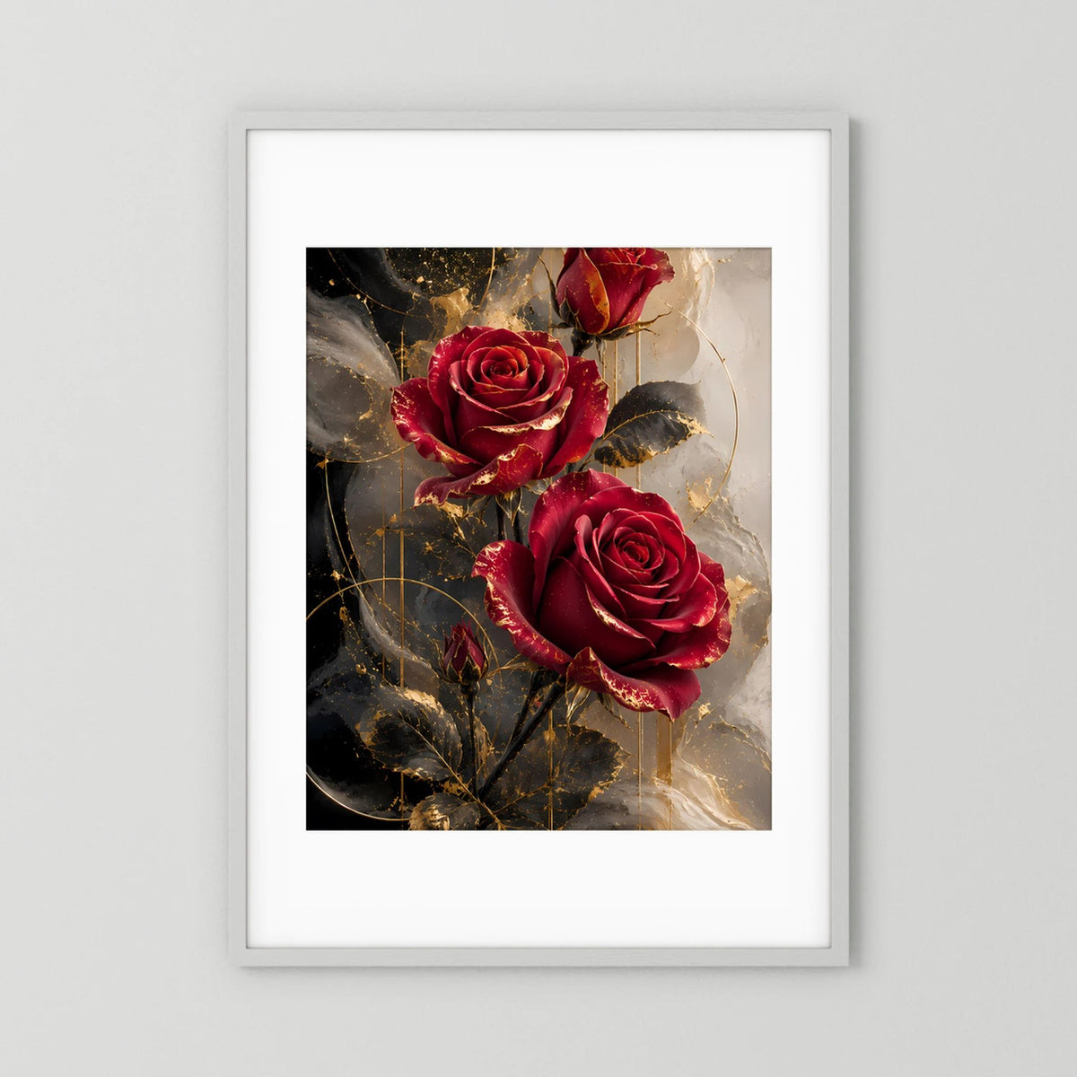 Hochformat-Poster mit rubinroten Rosen, goldenen Akzenten und dunklem Blattwerk im weißen Rahmen
