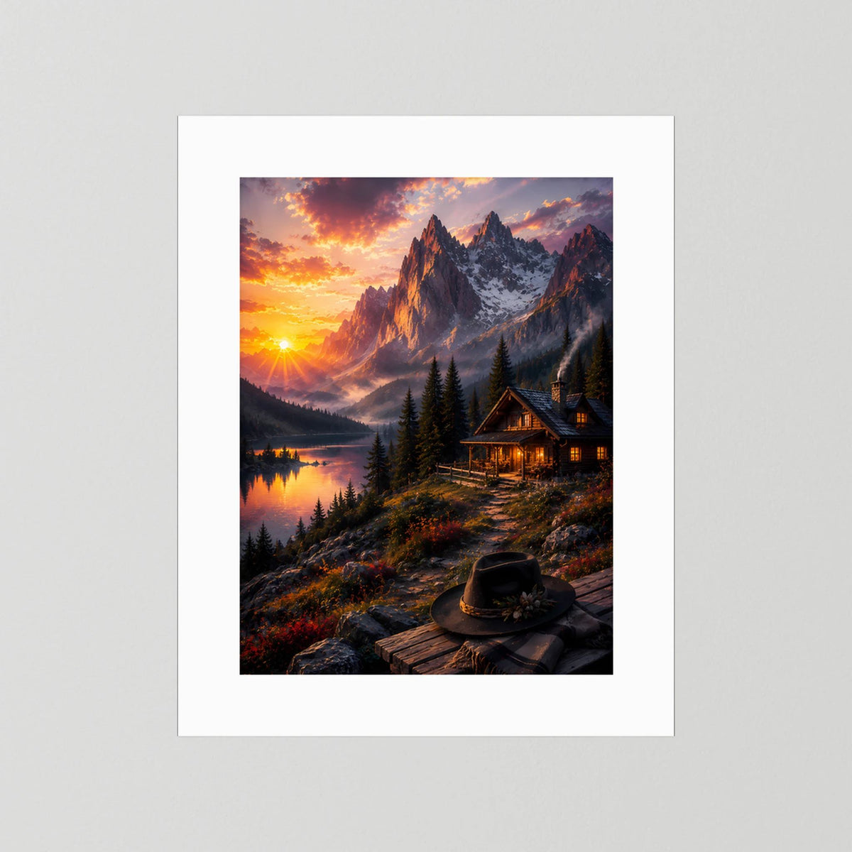 Poster mit Alpenlandschaft bei Sonnenuntergang, Berge, See und Hütte ohne Rahmen