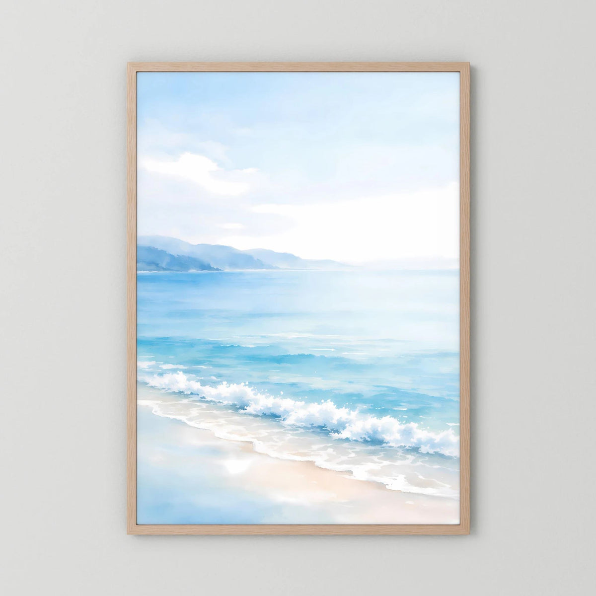 Wandbild mit Küste und Meerblick, vertikal, Eichenholzrahmen