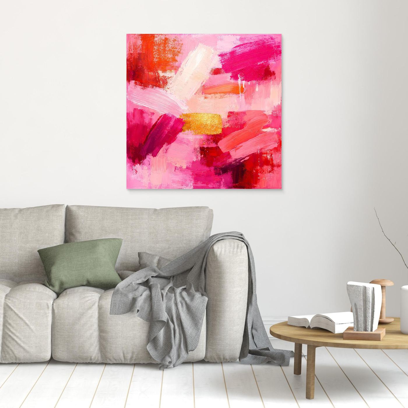 Framed abstract wall art in pink and red brushstrokes with gold accent shapes