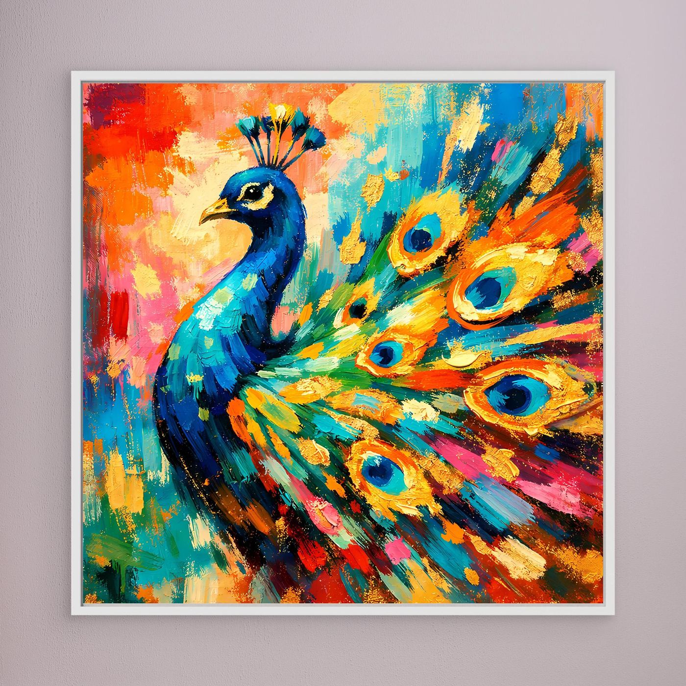 Leinwandbild mit abstraktem Pfau, bunte Federn und Farbstreifen, weißer Rahmen