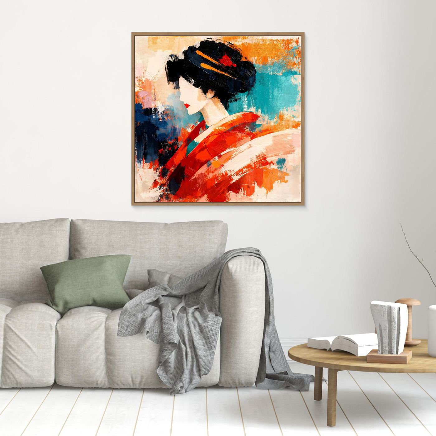 Geisha portrait wall art with wood frame, red kimono and teal abstract background