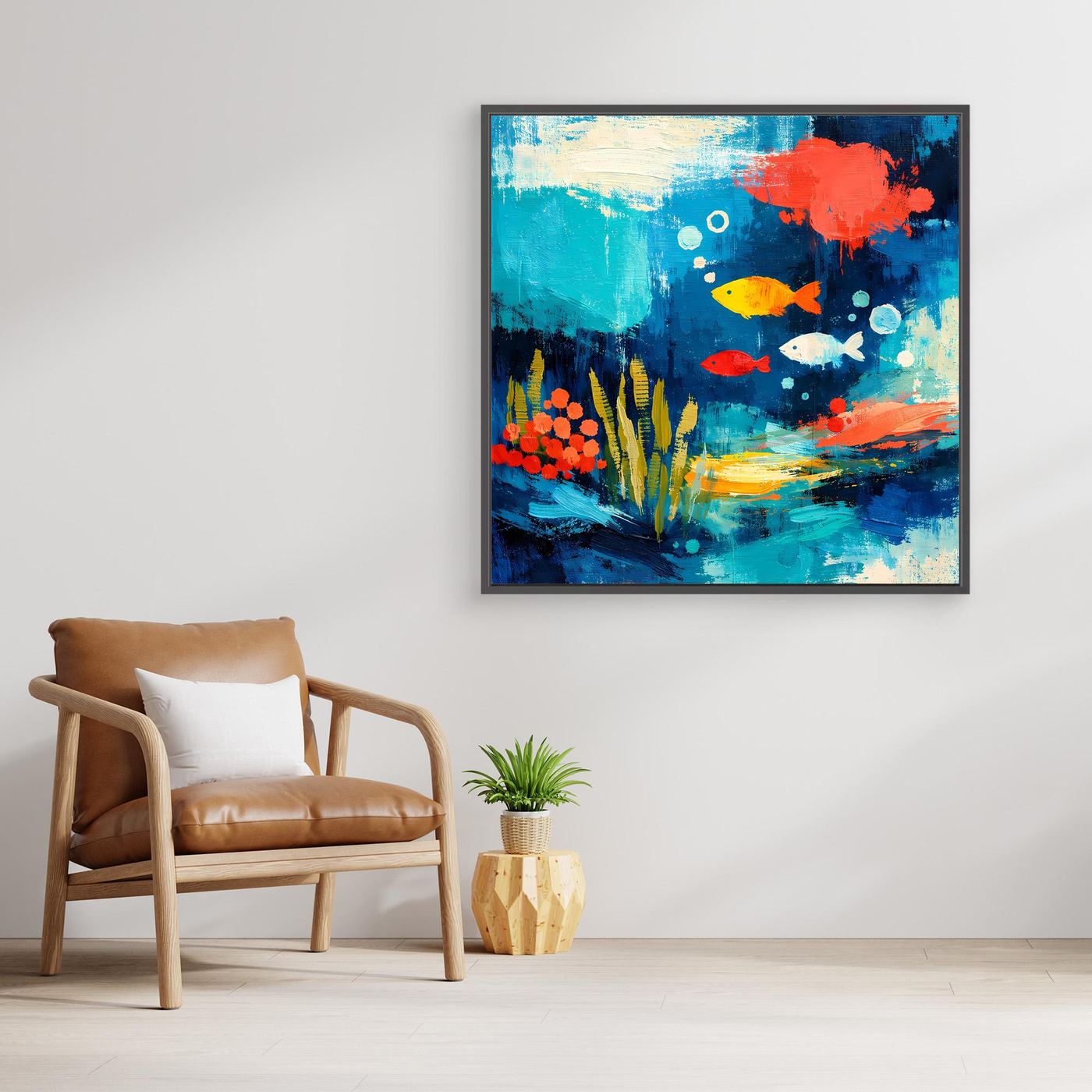 Square abstract underwater wall art canvas with fish and coral, dark frame