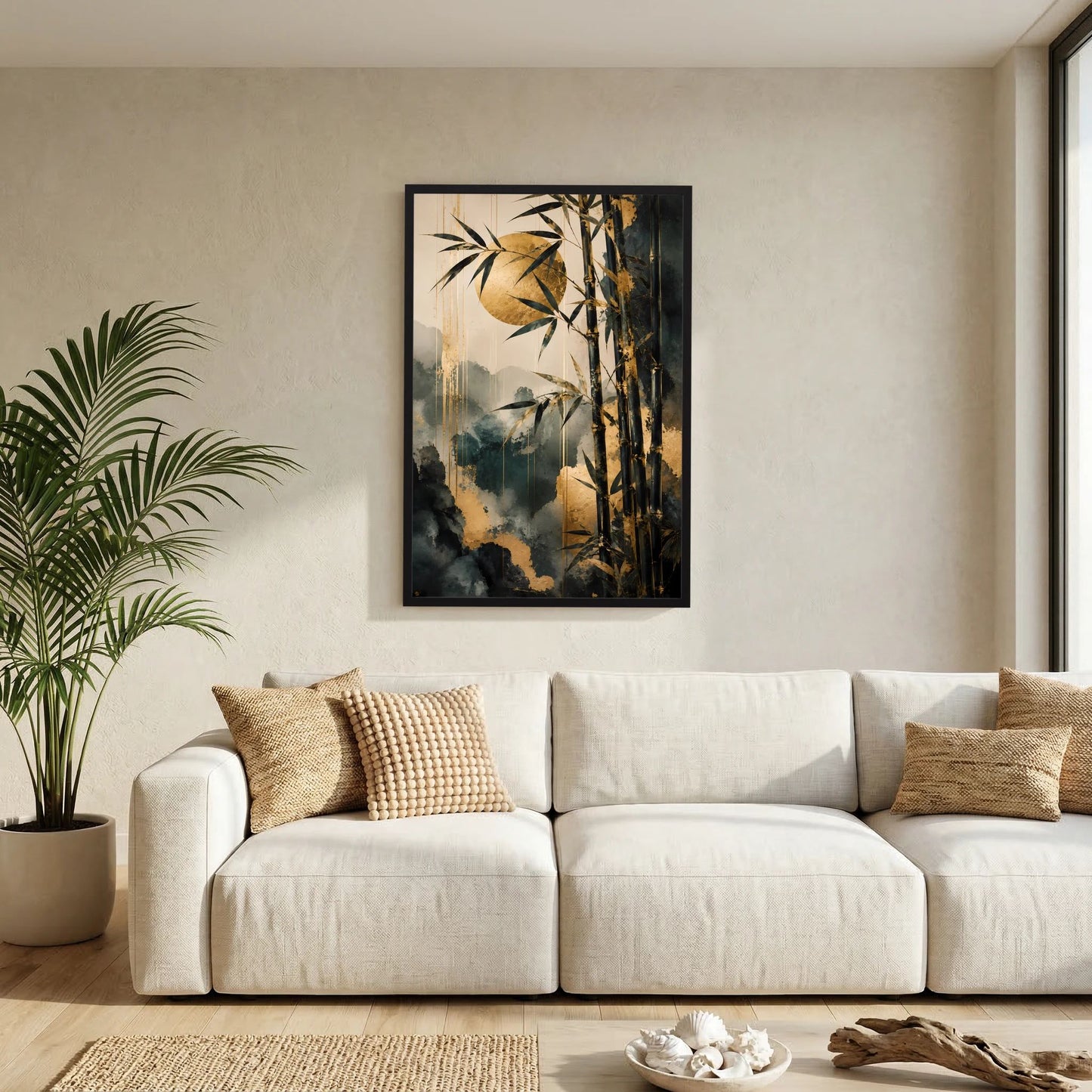 Gerahmtes Hochformat-Poster mit Bambuszweigen, dunklem Himmel und goldenen Akzenten