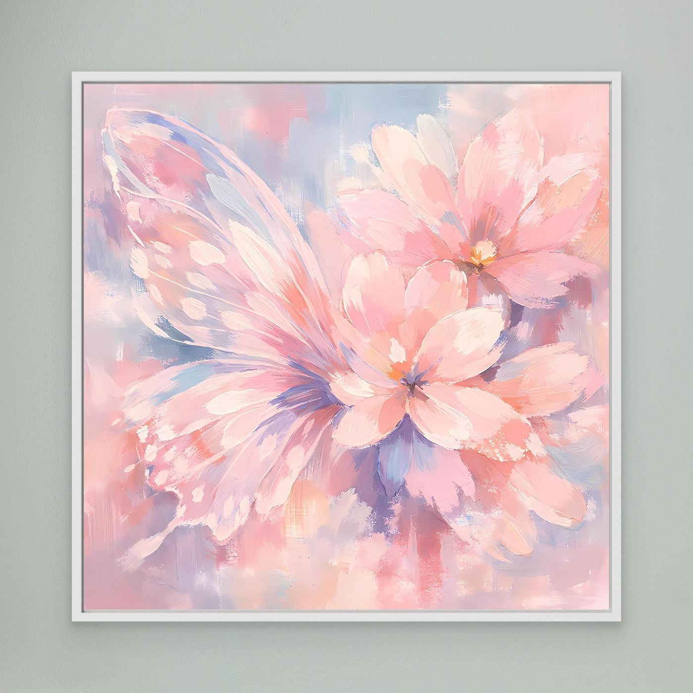 Gerahmte Leinwand: pastellfarbene Schmetterlingsblüte mit rosa und blauen Pinselstrichen.