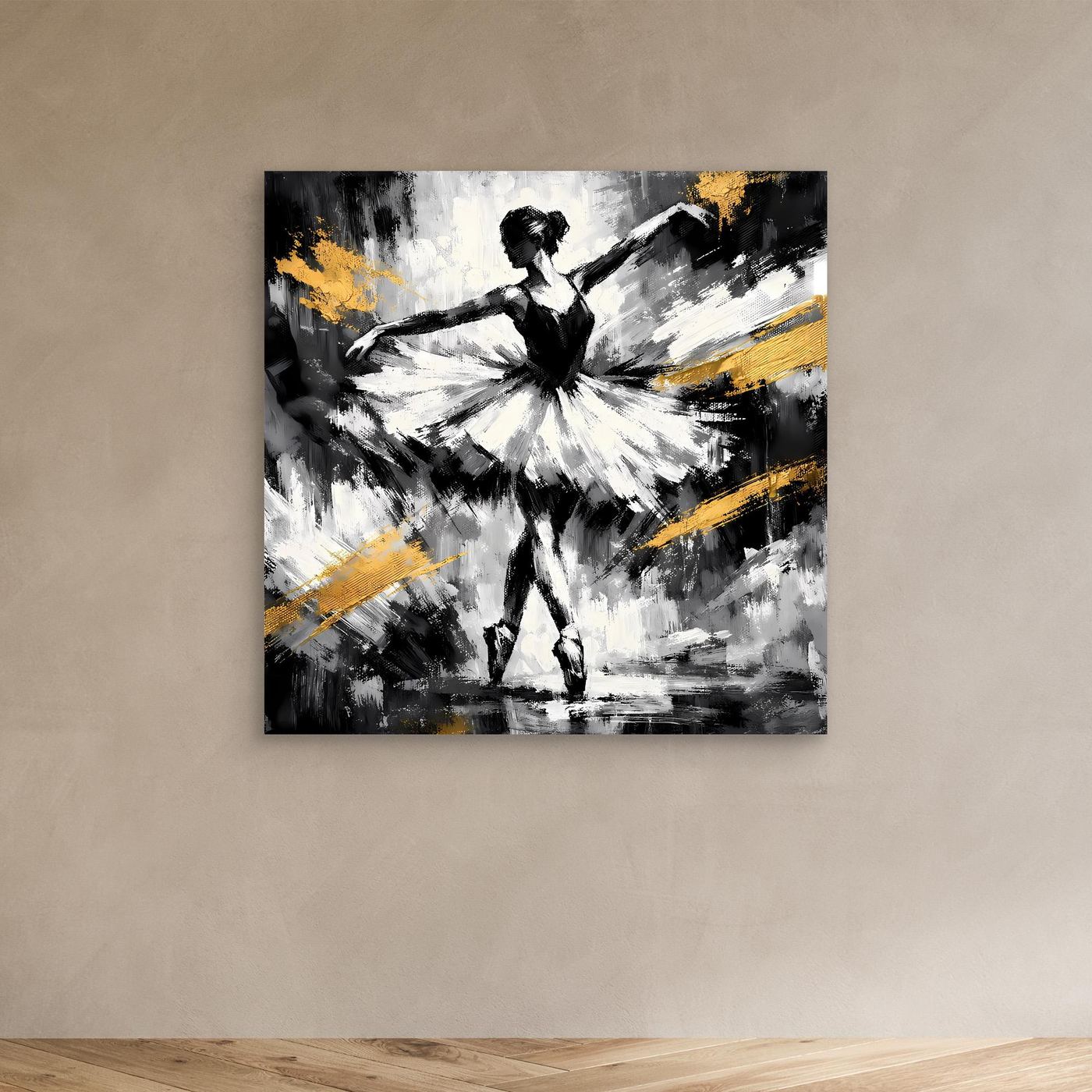 Abstraktes Leinwandbild mit Ballerina in Schwarz-Weiß mit goldenen Pinselstrichen, ohne Rahmen